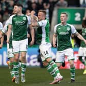 Kevin Nisbet celebrates after firing Hibs in front in the Edinburgh derby. Picture: SNS