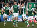 Kevin Nisbet celebrates after firing Hibs in front in the Edinburgh derby. Picture: SNS