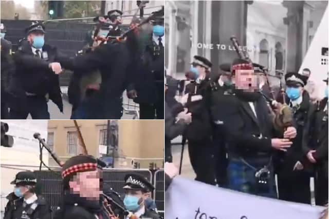 The video appears to show a piper pushed to the floor by a Metropolitan Police officer.