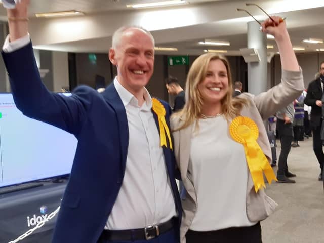 Lib Dem group leader Kevin Lang and by-election victor Fiona Bennett after last week's result was declared.
