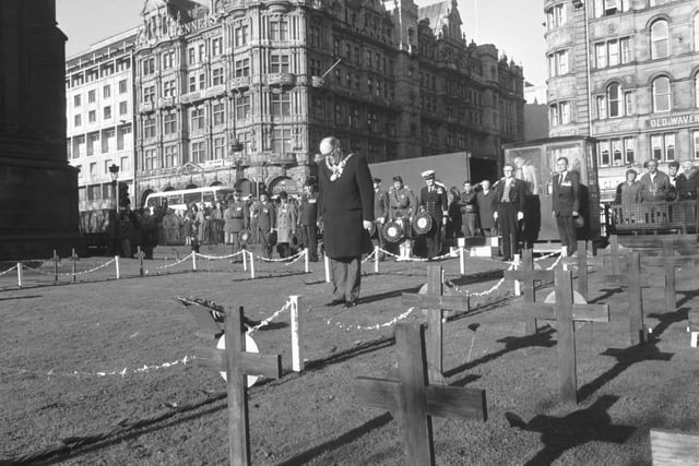 Remembrance Day 1987 is marked in Edinburgh's Princes Street as Lord Provost Dr John McKay lays the first wreath in the Garden of Remembrance.