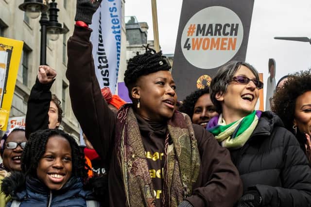 Dr Shola Mos-Shogbamimu at the March 4 Women protest in Central London on 8 March 2020 - International Women's Day (Photo: Shutterstock)