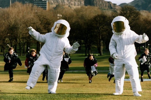Edinburgh International Science festival's launch of the 1994 Schools programme at the Meadow, including two people dressed as spacemen.