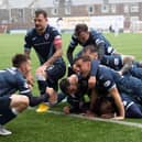 Raith Rovers players celebrate scoring against Dunfermline on Saturday.