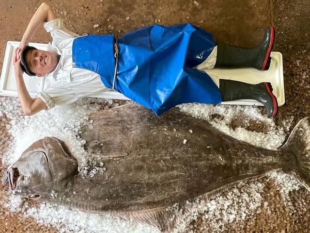 Fishmonger Jimmy Mac, who is about 5ft 10in, pictured alongside the six-foot halibut - which tipped the scales at 121kg.