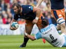 Pierre Schoeman (left) in typically combative action for Edinburgh during the win over Glasgow Warriors at BT Murrayfield.  (Photo by Ross Parker / SNS Group)