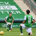 Hibs Paul Hanlon and Joe Newell take the knee as part of the ongoing battle against racism. Photo by Craig Foy / SNS Group
