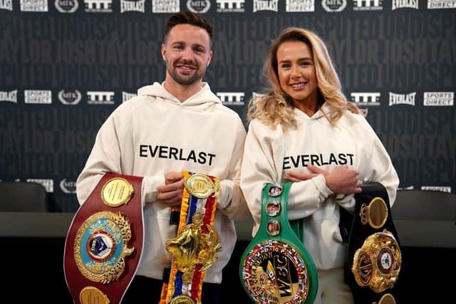 Josh Taylor, the undisputed super light-weight world champion, with his fiancee Danielle Murphy during a press conference at the new Sports Direct flagship store on Oxford Street, London. Picture: Kirsty O'Connor/PA Wire