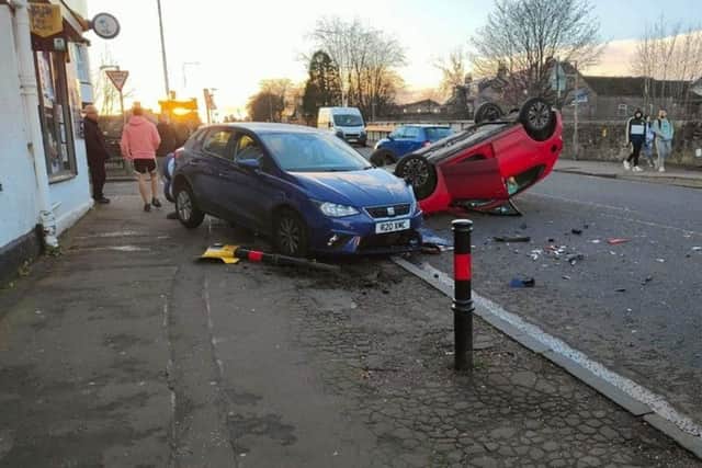 A car flipped onto its roof after a collision with a parked car on Saturday afternoon in Cowdenbeath, Fife. Photo: Fife Jammer Locations