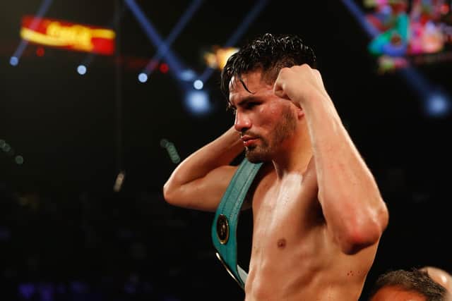 Jose Ramirez celebrates his win over Manny Perez at the MGM Grand Garden Arena in Las Vegas. Picture: Christian Petersen/Getty Images