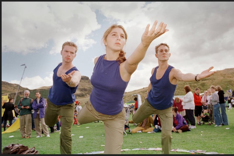 Performers from Oxford University production of the cure of troy performing synchronised movement at Fringe Sunday in 1999.