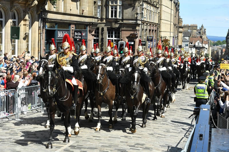 Members of the Household Cavalry in the procession to St Giles' Cathedral for the National Service of Thanksgiving and Dedication for King Charles III and Queen Camilla.