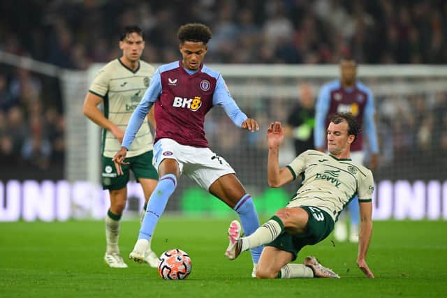 Doidge challenges Aston Villa's Omari Kellyman during the second leg of the Europa Conference League play-off encounter. Picture: Clive Mason / Getty Images