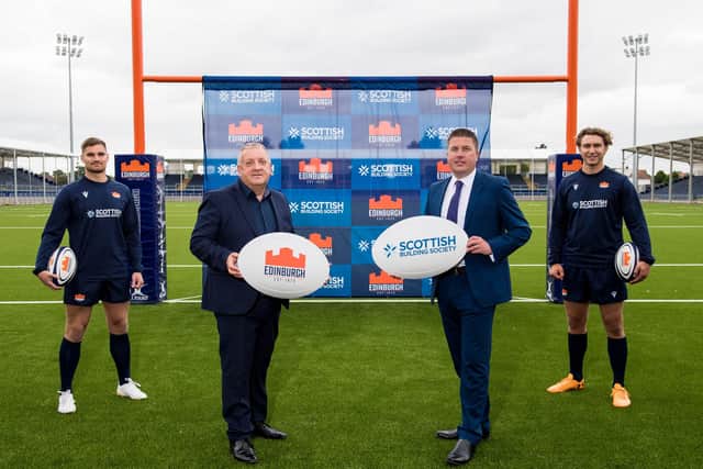 Edinburgh Rugby's managing director Douglas Struth, second from right, with Paul Denton of Scottish Building Society, the club's new sponsor, and players James Lang and Jamie Ritchie. Picture: Ross Parker/SNS
