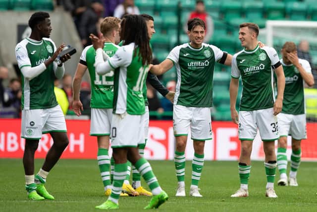 The Hibs squad congratulate Campbell on his man-of-the-match performance against Aberdeen