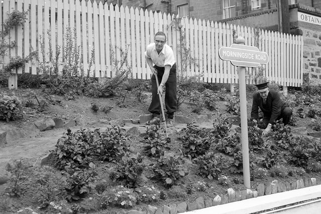 Stationmaster Thomas Dagg and head porter Frank Ramsay working on the flower beds at Morningside  station: