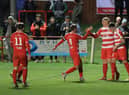 Kieran McGachie celebrates scoring Bonnyrigg's fifth goal, shortly after coming off the bench. Picture: Joe Gilhooley LRPS