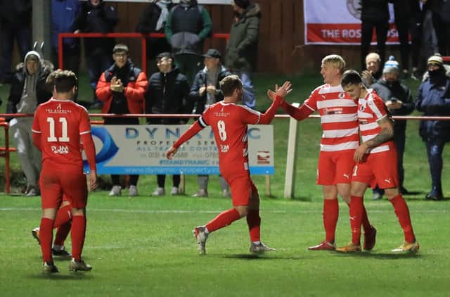 Kieran McGachie celebrates scoring Bonnyrigg's fifth goal, shortly after coming off the bench. Picture: Joe Gilhooley LRPS