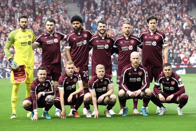 Hearts goalkeeper Craig Gordon (left) lines up with his team-mates prior to kick-off of the Scottish Cup final at Hampden Park,