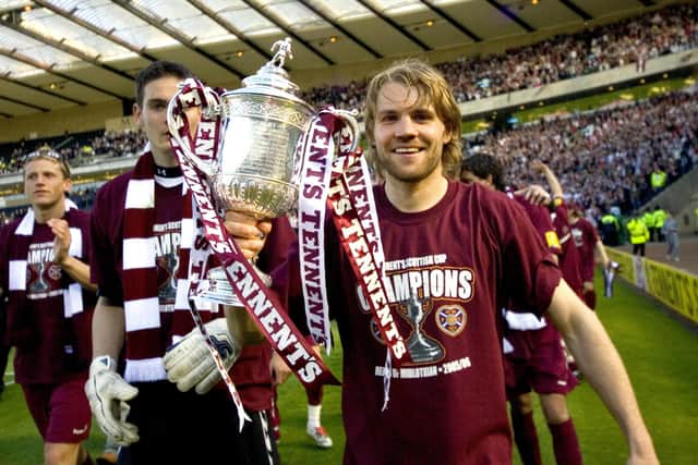 Robbie Neilson leads the Hearts celebrations with Craig Gordon in 2006 after the Scottish Cup final triumph over Gretna on penalties