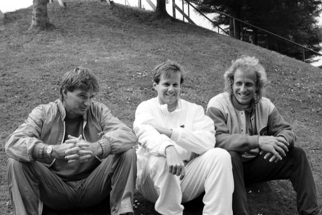 Tennis players Jimmy Connors, Patricl McEnroe and Vitus Gerulaitis chatting during the Bank of Scotland Championships at Craiglockhart in Edinburgh, June 1989.