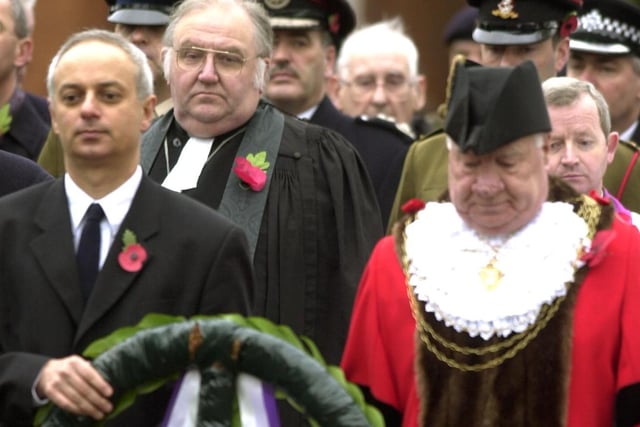 Doncaster Remembrance Service, and Parade, Bennethorpe, Doncaster. The Mayor of Doncaster Clr John Quinn(right) laid a wreath in 2002