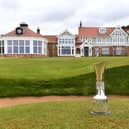 The AIG Women's Open Trophy sits on the 18th green at Muirfield during a media day for the R&A event on 4-7 August. Picture: Mark Runnacles/R&A/R&A via Getty Images.