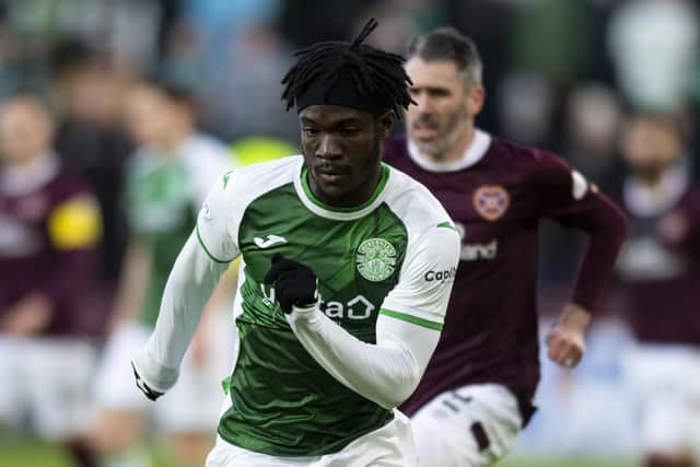 Élie Youan in action for Hibs during the Edinburgh derby