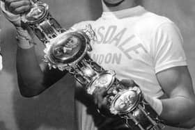 Ken Buchanan holding the British lightweight belt in 1968. The Lonsdale belt if often regarded as the most beautiful belt in the sport. Photo credit: TSPL