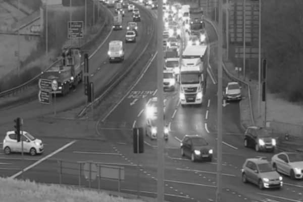 A vehicle has broken down just ahead of the roundabout (pictured to the right of the lorry), leading to queuing traffic westbound on the bypass.