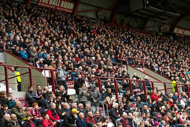 Hearts fans in attendance at Tynecastle Park. All tickets have been sold for this weekend's match with Ross County. Picture: SNS