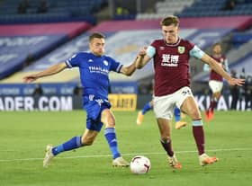 Jimmy Dunne battles with Leicester City striker Jamie Vardy during his Premier League debut for Burnley. (Photo by Peter Powell - Pool/Getty Images)