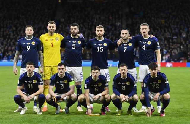 The Scotland team line-up prior to kick-off against Spain in the European Championships qualifiers. Picture: SNS