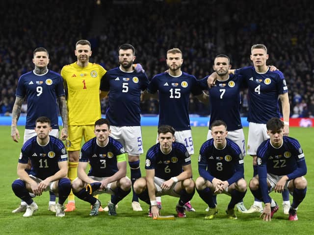 The Scotland team line-up prior to kick-off against Spain in the European Championships qualifiers. Picture: SNS