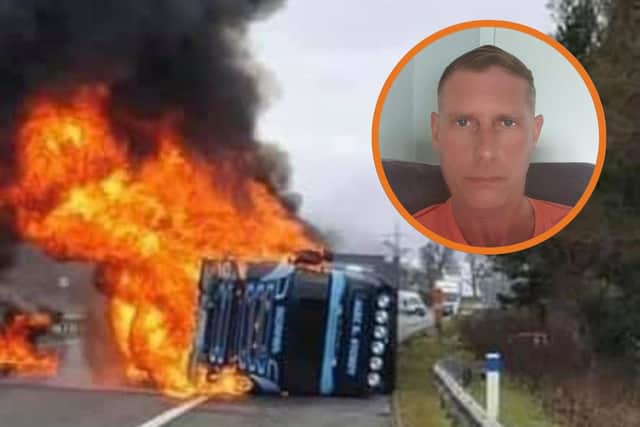Picture of the scene where the lorry crashed on the M74 at Poniel, near Abington and an inset of Lee Metcalf who pulled the driver to safety. Picture of the scene: M74 Traffic Reports