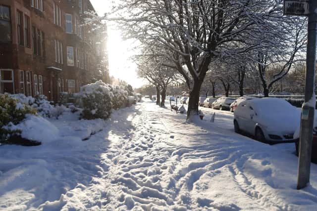 Snow in the Broomhill area of Glasgow today. Picture: The Scotsman