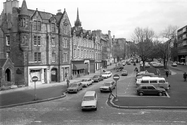 General view of the Grassmarket looking east towards Victoria Street in Edinburgh's Old Town, February 1982.