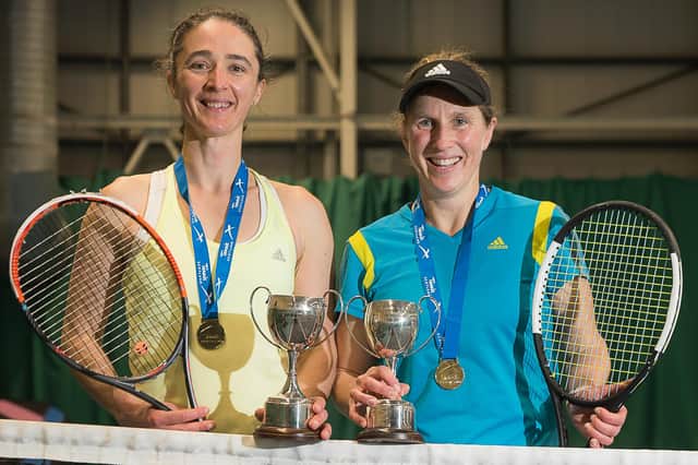 East of Scotland pair Sarah McFadyen (Blackhall), left, and Mhairi Beattie (Braid) were among the winners at the Scottish seniors tennis championships. The pair claimed the women’s over-35 doubles title while Mhairi also took singles honours.