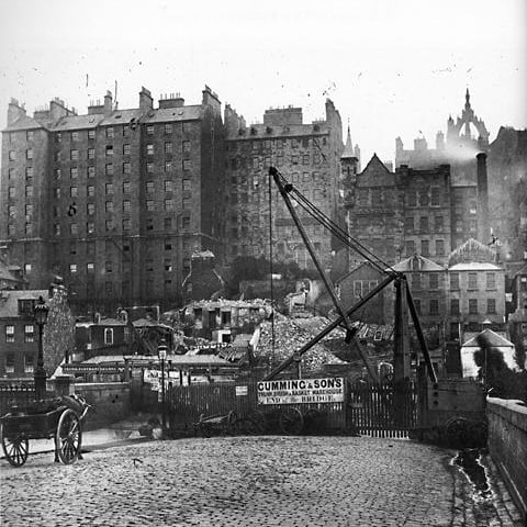 Waverley Bridge showing Edinburgh's Old Town and Cockburn Street under construction.
