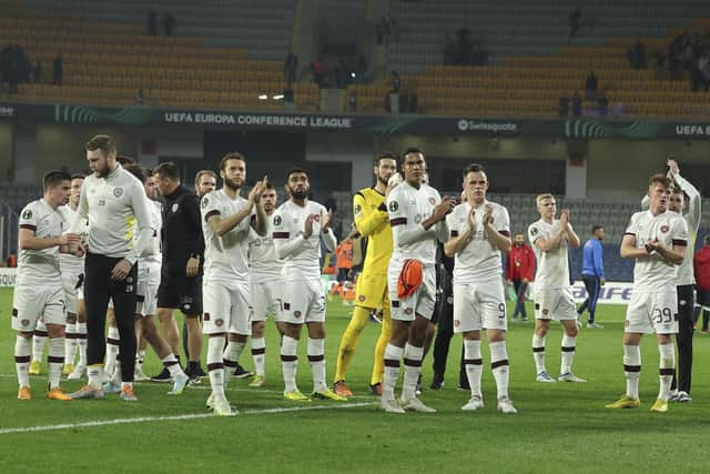Hearts players salute their supporters at the end of their Europa Conference League Group A campaign in Istanbul at the at Basaksehir Fatih Terim stadium. Picture: AP