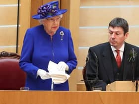 The Queen addresses the Scottish Parliament alongside the then presiding officer Ken Macintosh.