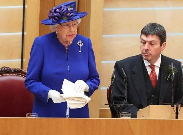 The Queen addresses the Scottish Parliament alongside the then presiding officer Ken Macintosh.