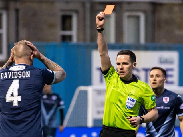 Raith Rovers defender Iain Davidson is shown a red card after being harshly penalised for giving away a penalty. Picture: SNS
