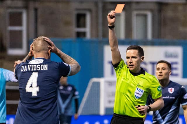 Raith Rovers defender Iain Davidson is shown a red card after being harshly penalised for giving away a penalty. Picture: SNS