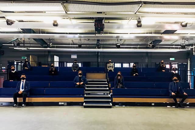 Drama teacher Jenna Hamill and her students test out the facilities in Leith Academy's new drama studio.
