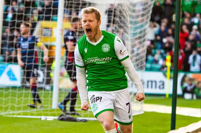 Daryl Horgan celebrates after scoring to make it 1-0 during the Ladbrokes Premiership match between Hibernian and Ross County at Easter Road on October 26, 2019. (Photo by Paul Devlin / SNS Group)