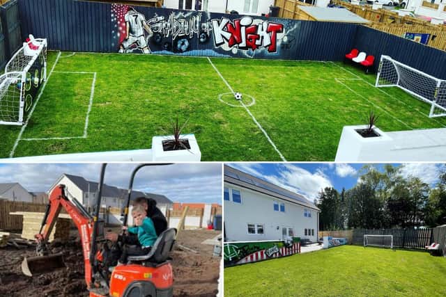 ‘Neighbours might soon stop passing the ball back over the fence!’: Football mad Midlothian family create incredible pitch in garden