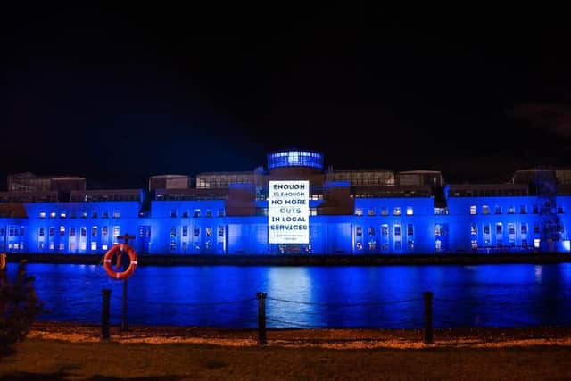 The message was also projected onto the Scottish Government building at Victoria Quay