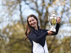 Grace Crawford shows off the trophy after winning the R&A Girls Under-16 Amateur Championship at Enville Golf Club in Stourbridge. Picture: Naomi Baker/R&A/R&A via Getty Images.
