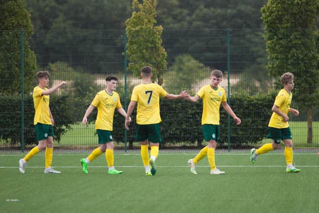 Hibs Under-18s celebrate Jacob MacIntyre's opener. Picture: Maurice Dougan